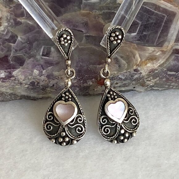 Sterling Silver 925 BOMA MOP Mother Of Pearl Oxidized Scrollwork Dangle Earrings - Picture 16 of 16
